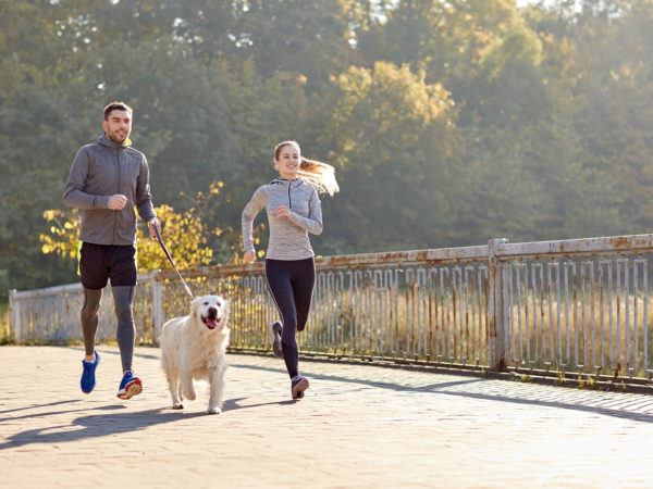 健身，运动，人和生活方式的概念-快乐的夫妇与狗在户外跑步